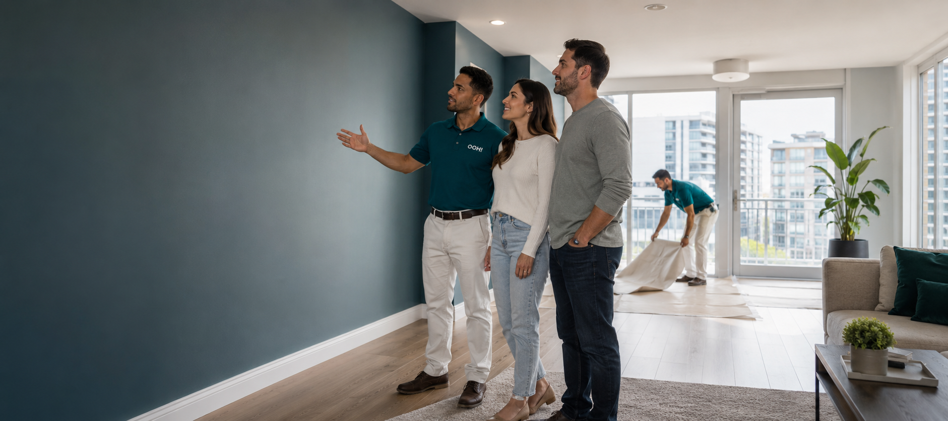 OOH! crew lead reviewing completed interior paint finish with homeowners